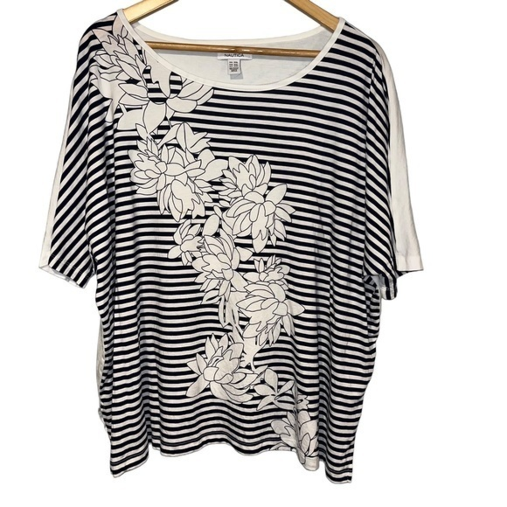 Nautica Womens Navy ‎ White Striped Floral Graphic Boxy T-Shirt Top Size XXL #DB
